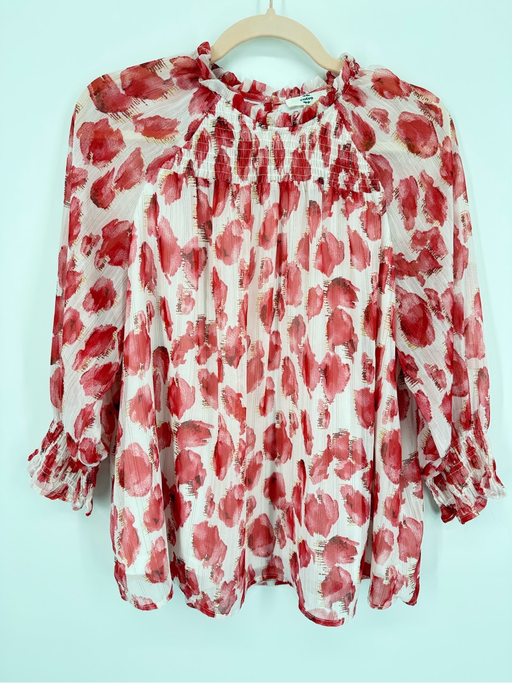 entro White Blouse with Red Watercolor Floral Print Sheer Overlay Flowy
